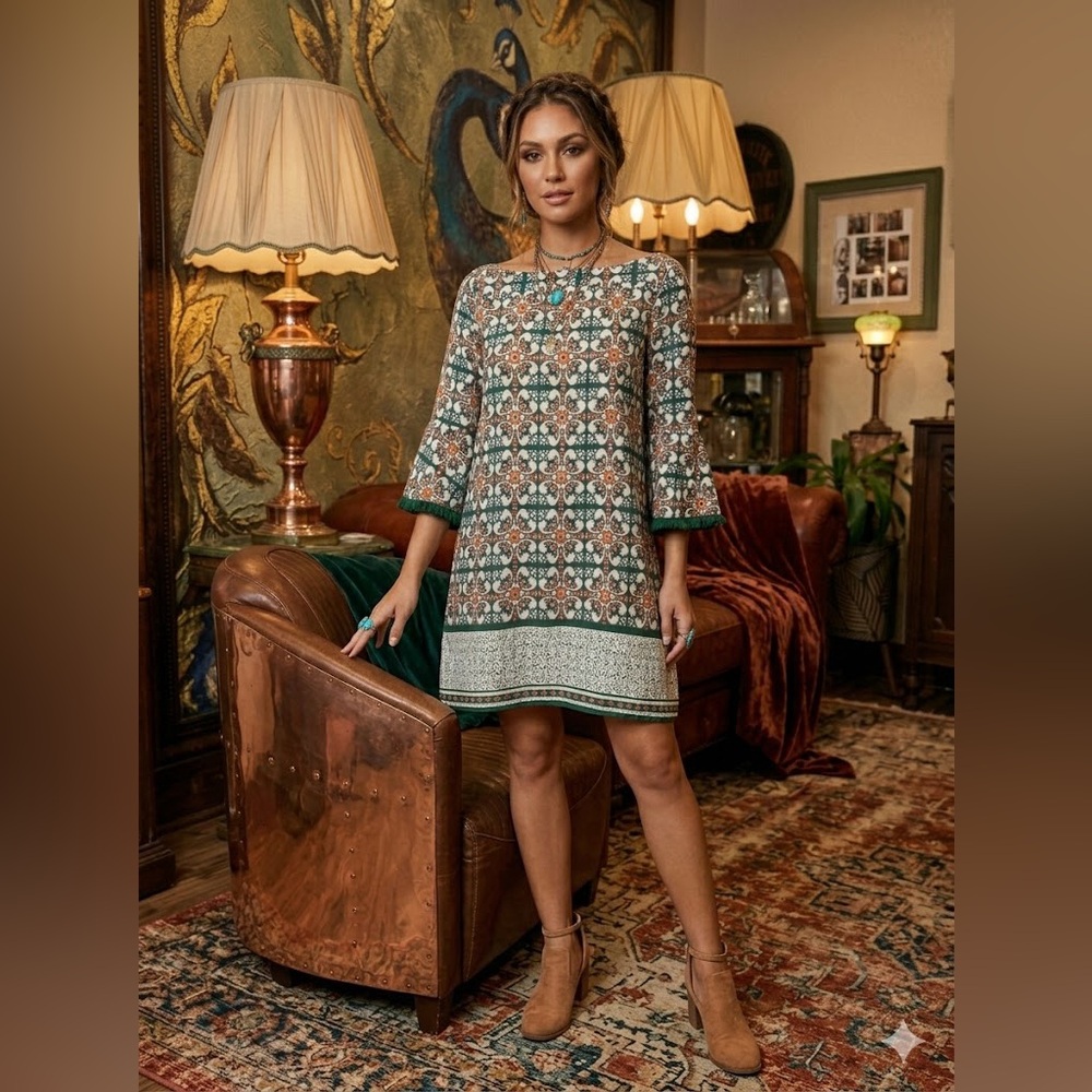 Lulus Boho Glam Open Back Medallion Print Bell Sleeve Mini Dress Size Large
